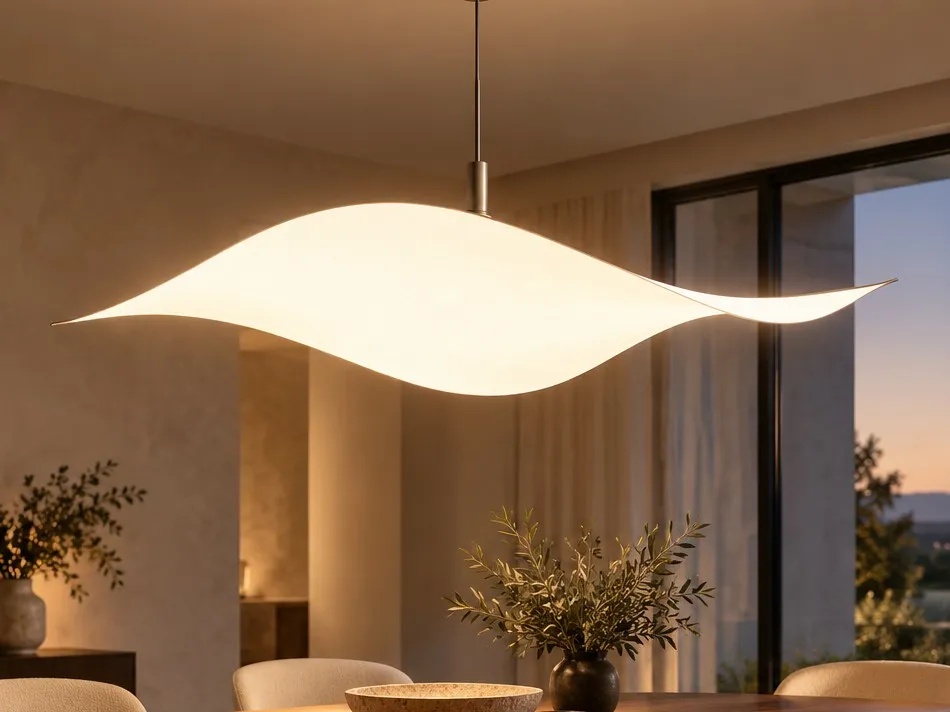 Rendering of a wave-shaped CoreGLO pendant luminaire glowing above a dining table