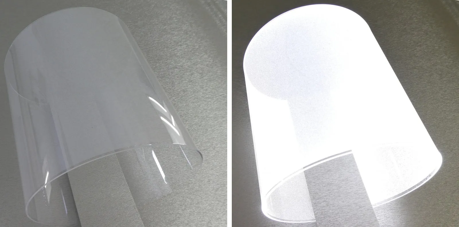 The same CoreGLO wall sconce photographed twice: switched off, a clear curved sheet; switched on, the sheet glowing evenly white