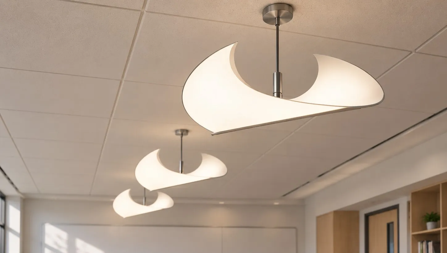 Rendering of a classroom lit by wave-shaped CoreGLO pendant luminaires