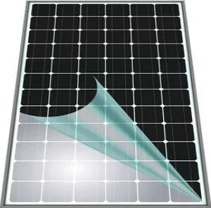 Illustration of a solar module with a clear light-trapping laminate peeling away from its front