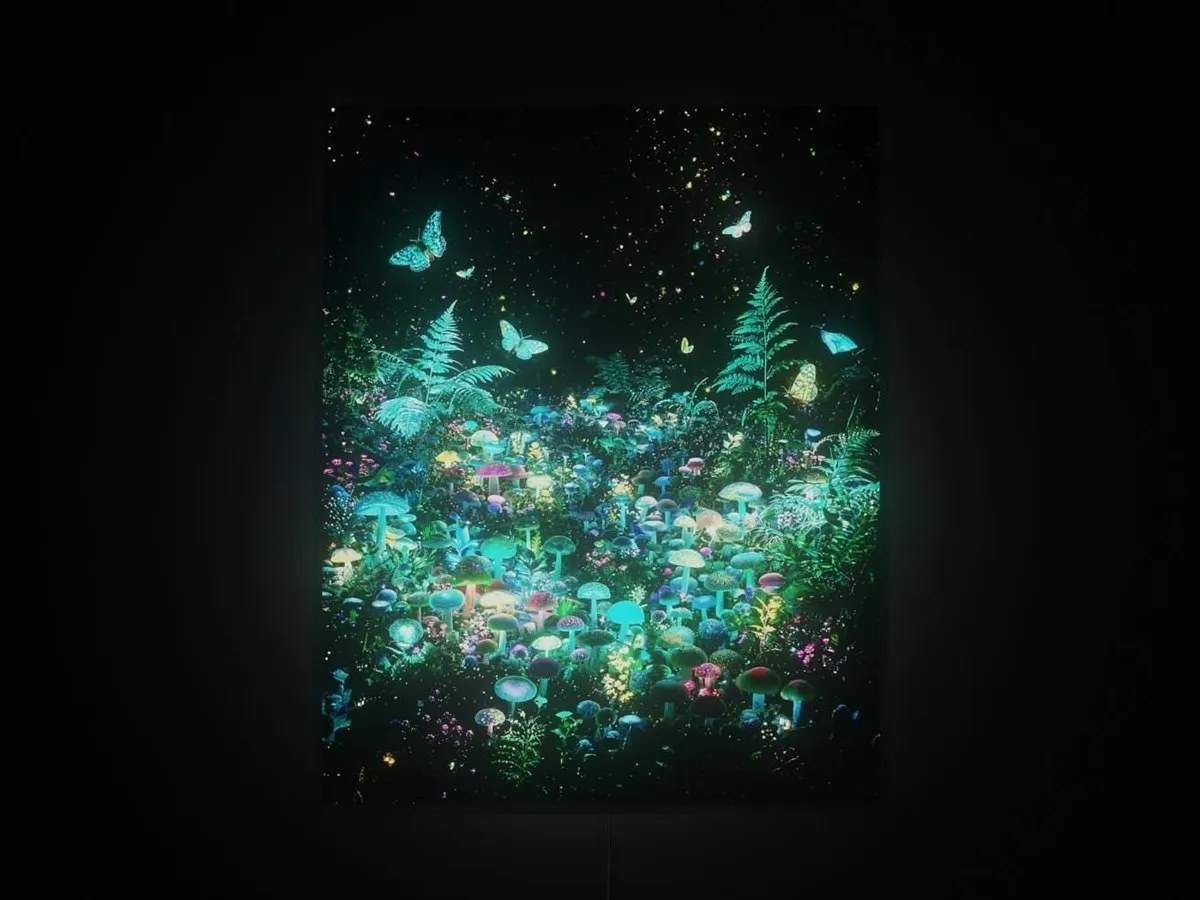 Mushroom Forest wall art glowing in teal, violet and gold on a dark wall