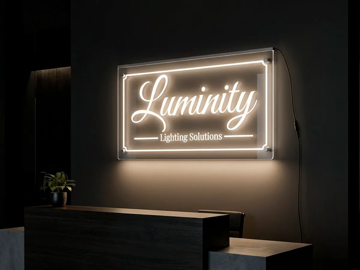 Edge-lit acrylic sign reading “Luminity Lighting Solutions” glowing on the wall behind an office reception desk