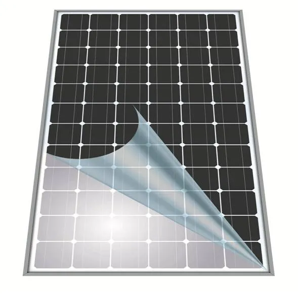 Solar module with a corner of its transparent front laminate peeled back