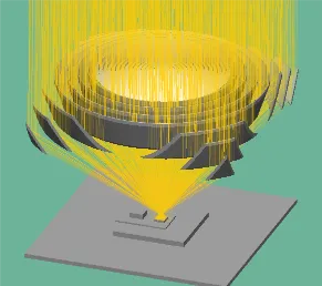 Rendering of a mini ring-array concentrator focusing sunlight onto a small solar cell below it