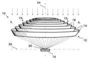 Patent drawing of nested reflective rings focusing incoming sunlight onto a receiver below the collector