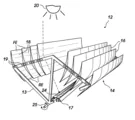 Patent drawing of an arc of parallel slat reflectors focusing sunlight onto a receiver below the structure